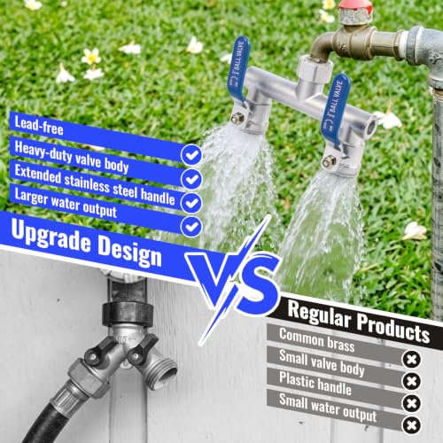 Image of 2 Way Garden Hose Splitter, Stainless Steel, Heavy Duty 304 Stainless Steel Full Flow T Valve with Long Handle, Lead-Free Rust & Freeze Resistant, 3 /4 inch GHT Thread Outdoor Water Hose Adapter