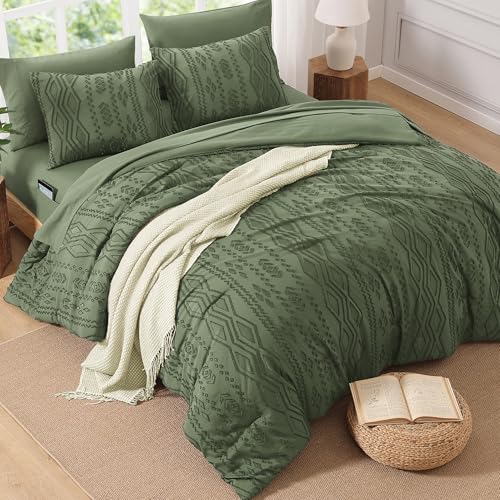 Image of AMBERSPACE Queen Comforter Set Olive Green, Tufted Farmhouse Bedding Boho Bed Set, All Season 7 Pieces Bed in a Bag with Sheets, Pillowcases & Shams