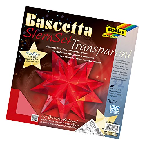 folia 820/3030 - Bastelset Bascetta Stern, Transparent rot, 30 x 30 cm, 32 Blatt, fertige Größe des Papiersterns ca. 40 cm, mit ausführlicher Anleitung - ideal zur zeitlosen Dekoration