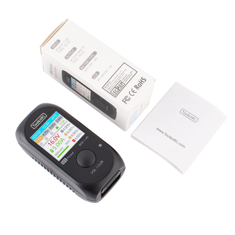 Mini chargeur de batterie RC M4, chargeur intelligent portable 80 W 5 A avec écran IPS, chargeur rapide idéal via USB-C PD pour batterie Lipo LiHv 1-4S