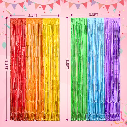 Image of Rainbow Metallic Tinsel Foil Fringe Curtains Backdrop 2Pack 3.3x8.3Ft Party Streamers for Birthday Party Decorations Halloween Christmas Decors Foil Curtain Backdrop for Bachelorette Bridal Party