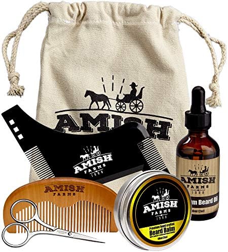 Amish Farms Beard Grooming Kit, 6 Piece Set – Leave In Beard Balm, Wooden Brush, Plastic Shaping Comb, Beard Oil and Stainless Steel Trimming Scissors - Cotton Storage Bag - Gift Package