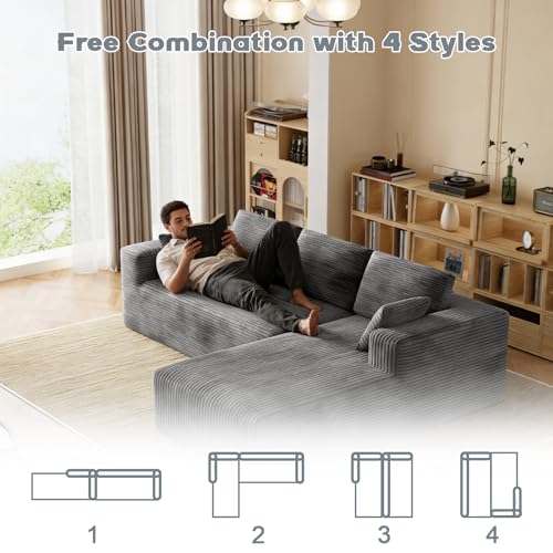 Image of 106 inch Corduroy Sectional Couch, Boneless L Shaped Couch with Deep Seat, Cloud Foam Sofa with Oversized Chaise, Sectional Sofa No Assembly Needed for Living Room