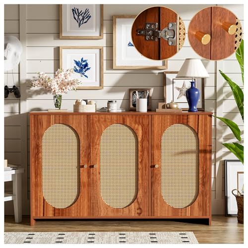 Seyakany Aparador moderno con 3 puertas, separador regulable en altura, puertas de ratán artificial y asas metálicas, mueble de almacenamiento, aparador, comedor, mueble de cocina, 125 x 38 x 78,