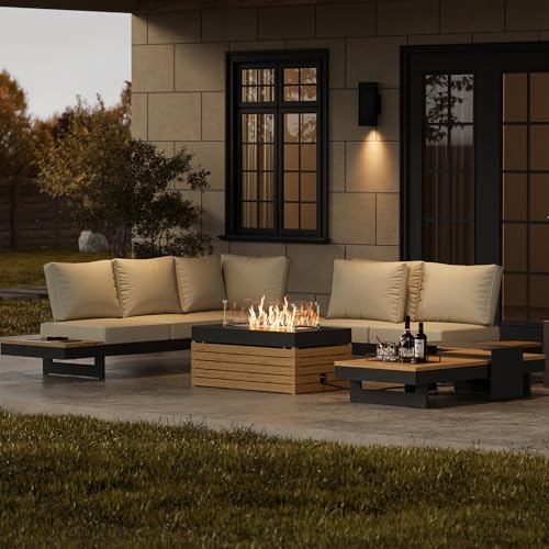 Homary Patio Conversation Set with Fire Pit, 6-Seater, Beige