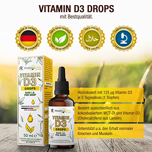 Pharmavital Vitamin D3 Tropfen 5000 50ml flüssig (1830 Tropfen) - Laborgeprüfte 5000 I.E. pro Tropfen - Immunsystem stärken, für Knochen und Muskeln - Hochwertig: sehr hohe Stabilität, vegetarisch