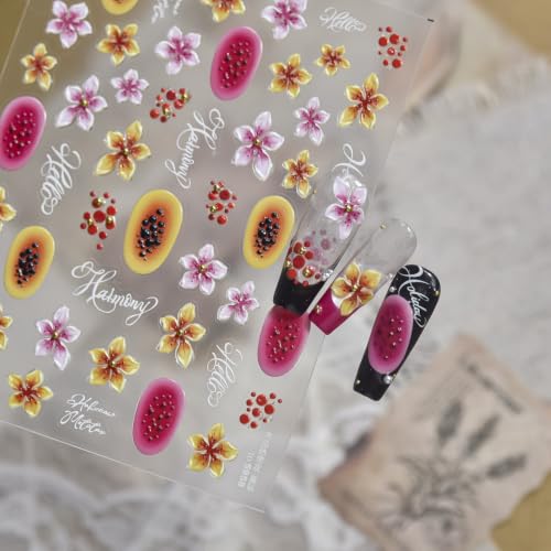 Image of Flower Nail Stickers Decals 5D Embossed Self Adhesive Fruit Nail Decals | Watercolor Floral Nail Art Decals Pink Yellow Nail Art Stickers for Women Holiday Manicure Decor Accessories Supply 1 Sheet