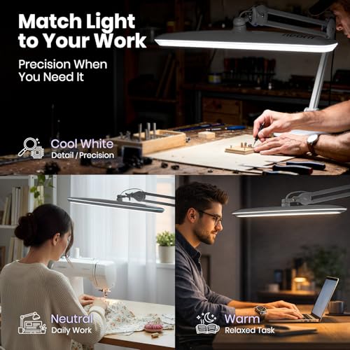 Image of Neatfi XL 2,200 Lumens 20W LED Task Lamp - 23 inch Ultra-Wide Head | 182 SMD LEDs | 4 Brightness Levels | 3 Light Modes | Eye-Caring, Glare-Free | Adjustable Arm (Silver, CCT with Clamp)