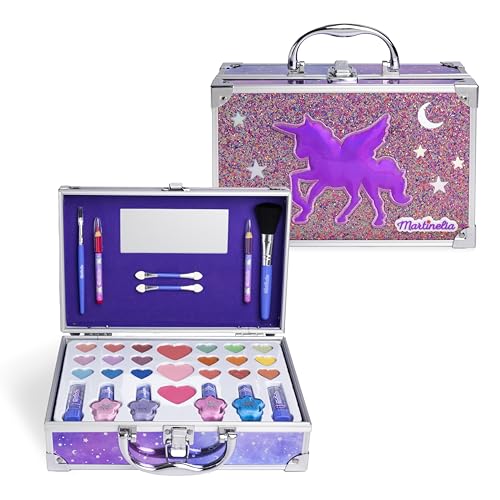 MARTINELIA - Paleta de maquillaje para niños Galaxy - Juego de maquillaje para niñas: lápiz labial, sombra de ojos, esmalte de uñas para niños, rubor con espejo - Caja de metal
