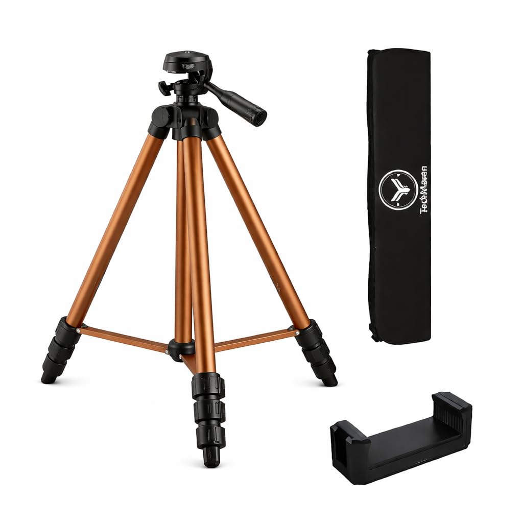 Aluminium Lightweight Tripod Stand (48cm-134CM) Tripod with Mobile Holder 360° Rotation 3 Way Tilt |for DSLR, Camera, GoPro, Smartphones with Phone Stand & Carry Bag (Copper Color)