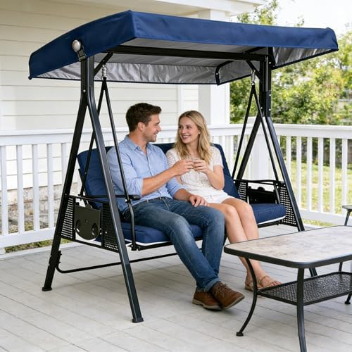 75 inch Replacement Canopy for Swing Seat 2 3 Seater, Patio Swing Canopy Replacement, Sunscreen Hammock Cover Top Garden Outdoor, Waterproof Patio Swing Canopy Top Cover, Beige (Blue-75x47'') - 4
