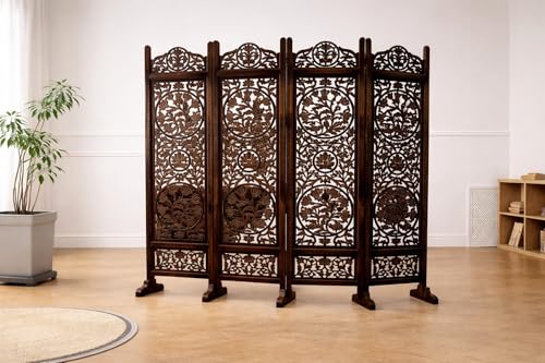 Image of Wooden Room Divider Decorative Foldable Privacy Screen Hand Carved Partition for Living Room Bedroom Office Decor (6 Feet 4 Panel Brown with Stand Each Panel Size 72X20 Inch)