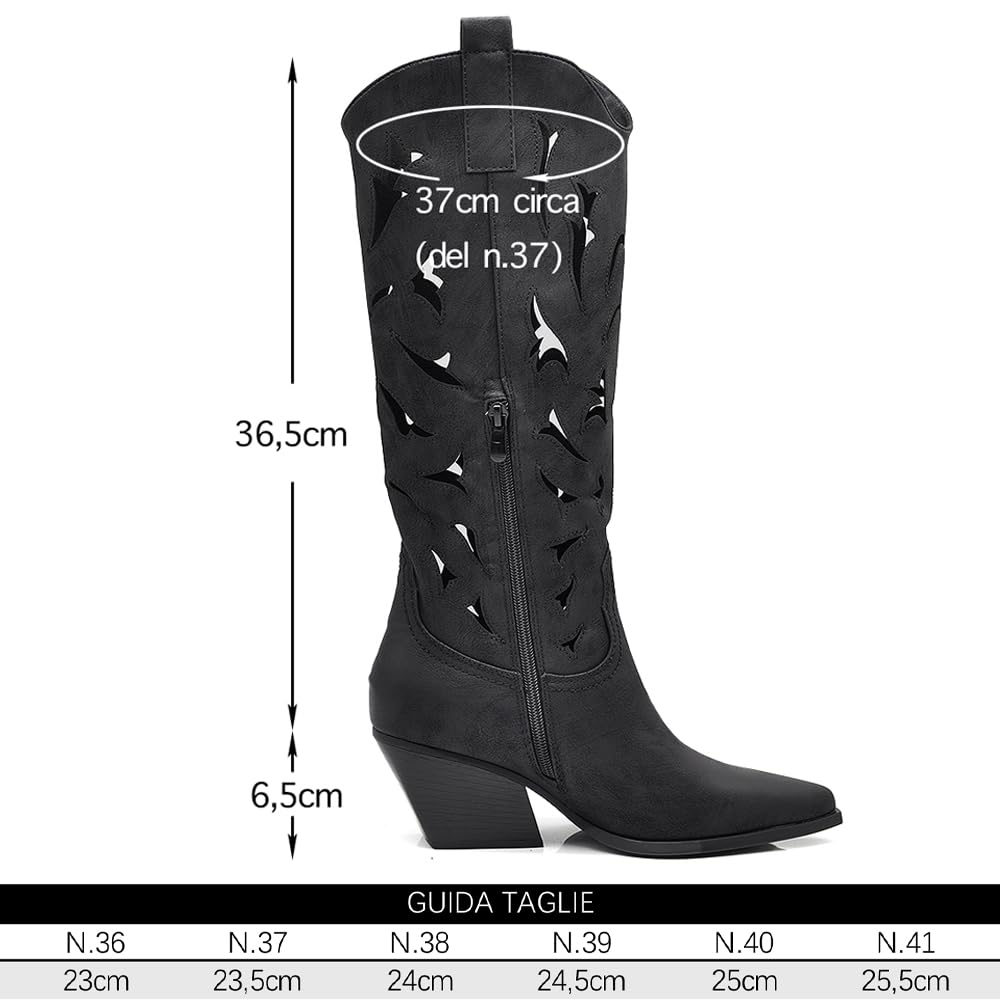 IF Stivali Alti Texani Donna Western in Pelle Sintetica Vegana, Design Traforato, Tacco Medio e Punta Affusolata