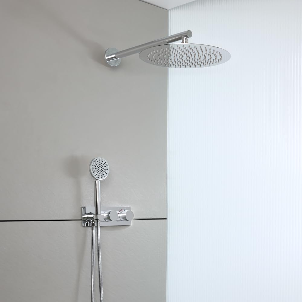 Milano Chrome Lune Thermostatic Mixer Valve 300Mm Rainfall Shower Head Handset