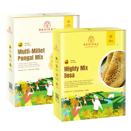 Image of Revival Millet Pongal Mix & Mighty Mix Dosa - Combo Pack of 2 (200g Each) | Instant South Indian Meal | High in Fiber & Protein | Gluten-Free | No Preservatives | Healthy, Tasty & Easy to Cook