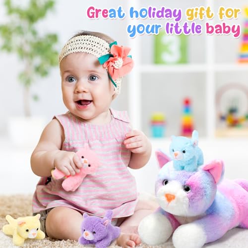 Image of Skylety 5 Pieces Cat Stuffed Animal with Babies Inside Belly Plush Cat Pregnant Mommy Kitty with 4 Cute Fluffy Stuffed Kittens Christmas Birthday Surprise Gifts(Colorful)