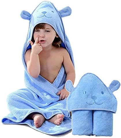 Organic Cotton Fabric Hooded Towel for Kids, Toddler Poncho Towels for Shower Pool Beach Cover Up, 35"x35" Extra Large Baby Bath Robe Wrap, Asorbent Soft Cozy Thick Terry Cute Animal Design (Bear)