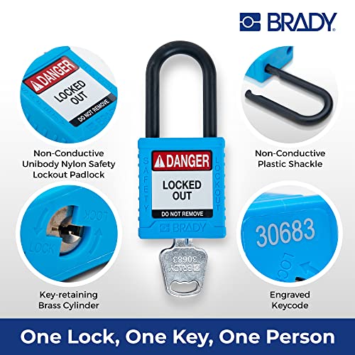 Image of Brady Safety Lockout Padlock Sets - 6 Pack - Blue - Keyed Alike Safety Lockout Padlocks - 1 Key Per Lock - SDPL-BLU-38PL-KA6