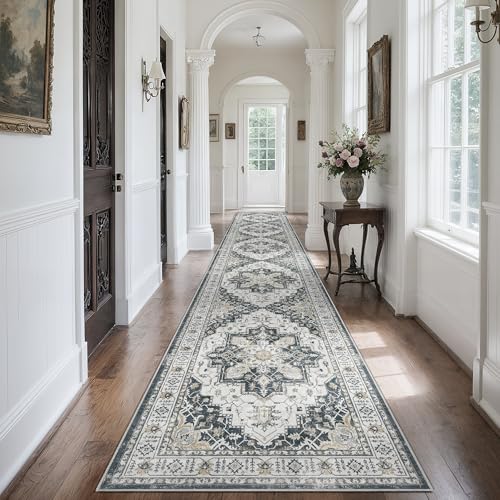 Madane 3x20 Hallway Runner Rug - Extra Long Carpet Runners for Hallways 20ft Non Slip Stain Resistant Rugs Runner for Living Room Bedroom 20 Feet Distressed Floor Carpet for Kitchen, Black