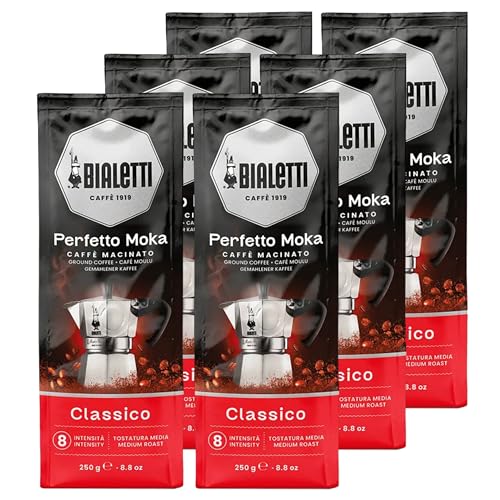 Bialetti - Perfetto Moka Classico: Gemahlener Kaffee mit mittlerer Röstung Aroma von Haselnüssen und Getrockneten Früchten 250g x 6 Beutel mit Aromaventil