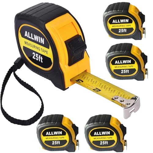 5 Pack Tape Measure 25 ft, Easy Read Measuring Tape with Fractions 1/8, Retractable 25-Foot by 1-Inch Blade with Durable Coating & Impact-Resistant Case for Contractors & DIY