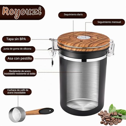 Miniatura 5 de Royouzi Recipiente Para Granos De Café, De Acero Inoxidable 304 Con Válvula De Escape, Reutilizable Con Cuchara Medidora, Vidrio De Sellado Multifuncional Para Oficina En Casa Negro