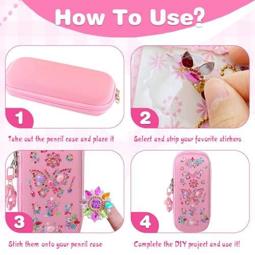 Avalessia DIY Diamond Arts and Crafts Stickers Pencil case for Girls, 3 Sheets Fun Gem Sticker Kit with Pencil Pouch ，for Kids Ages 4-6-8-12 Birthday Gifts, Teen Girls for School Supplies (Pink) — view 4