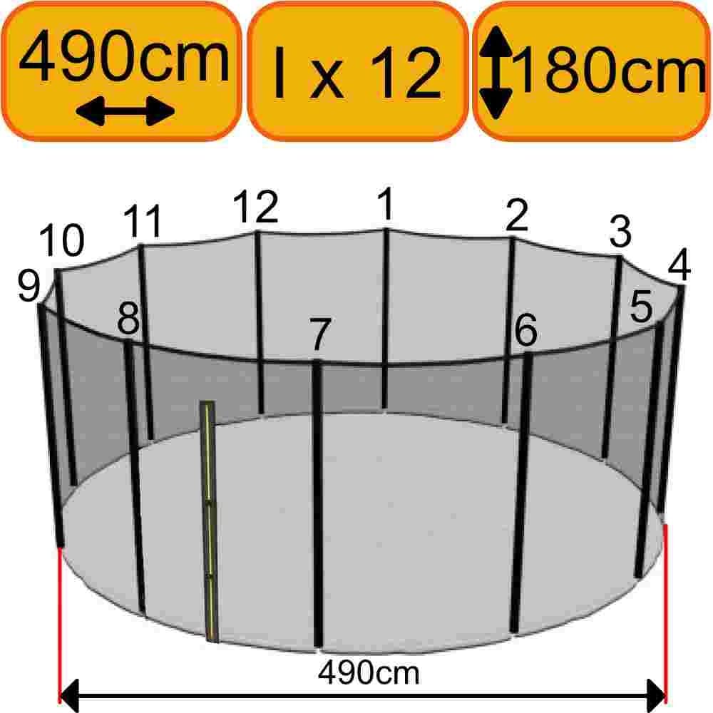 Filet Trampoline 490cm - 12 Barres - Hauteur 180 cm - Fourreau Extérieur