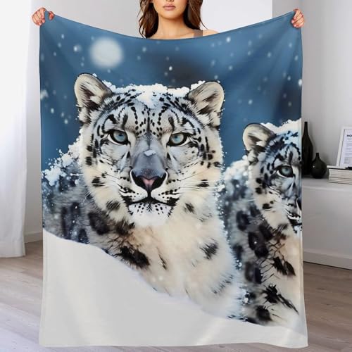 Couverture léopard des neiges yeux bleus, jeté de lit décoratif chaud