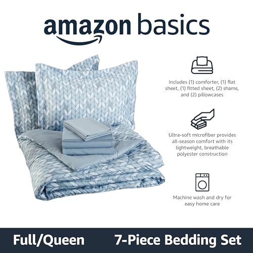 Image of Amazon Basics Full /Queen Comforter Set with Herringbone Sheets, 7-Piece Gray Leaf Bedding, Lightweight Microfiber Bed-in-a-Bag