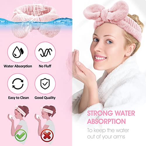 WLLHYF Spa Face Headbands Bow Makeup Hair Band Set Soft Elastic Washing Face Headbands Prevent Water Spilling Down Arms Spa Headband for Women Girls Skin Care Shower (Pink) - Image 3