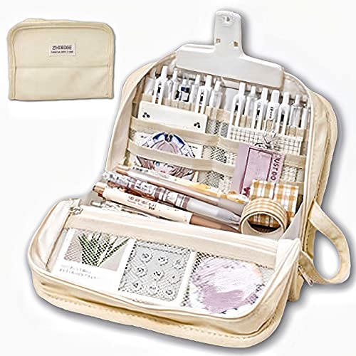 Image of AuraGlor Large Capacity Pencil Pen Case with 9 Compartments Multi-Slot Durable Pencil Bag Pouch Box Organizer Cases Easy Grip Handle Aesthetic School Supply for Teen Girls Students Adults (White)