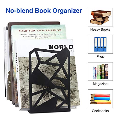 Bookends, Bookends for Shelves, veecom Geometric Book Ends for Office, Metal Bookends for Heavy Books, Decorative Book Holders for Shelves, Non Skid Book Stoppers/Stand (Black-3 Pair) - Thumbnail 3