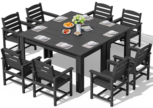 SERWALL Patio Dining Sets for 8, Outdoor Dining Sets for 8 Person with 2 Umbrella Hole Cut-Out Rectangular Tables and 8 Chairs, HDPE Dining Sets for Garden, Backyard, Poolside, Black