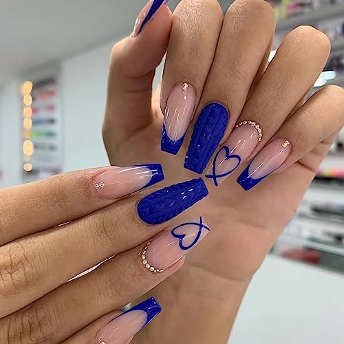 BABALAL Coffin Press on Nails Long Fake Nails Blue French Tip Hea...
