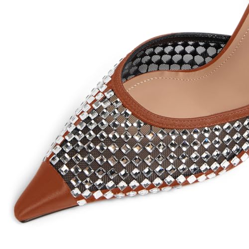 iadore Women Sexy High Heel Pumps Strappy Chic Slip-on Splicing Mesh Satin Pointed Toe Shoes Rhinestone Studded Summer Pumps Size 5-12 US2