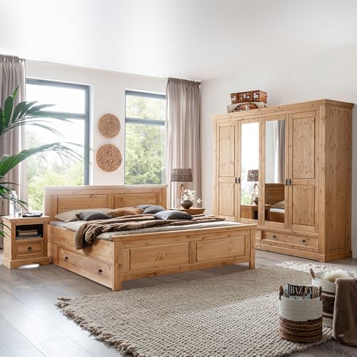 Lomadox Schlafzimmer Set 6-teilig mit Kleiderschrank, Doppelbett 180x200cm, 2 Bettschubladen, 2 Nachttische in Kiefer massiv, eichefarben geölt