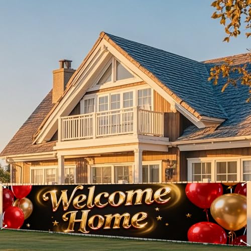Image of Nuxovilar Welcome Home Banner Golden Red Balloon 17.7x78.7 Polyester