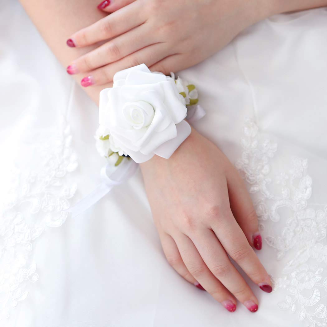 Barode Bridal Wrist Corsage Rose Hydrangea Wrist Flower Prom Bracelet for Wedding (White)