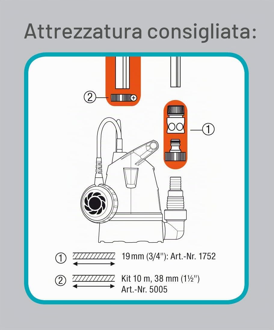 GARDENA Pompa sommersa per acqua pulita 8600 Basic: portata max. 8600l/h, aspirazione piatta a 4mm, interr. flottante con funzionamento continuo (9001-47)