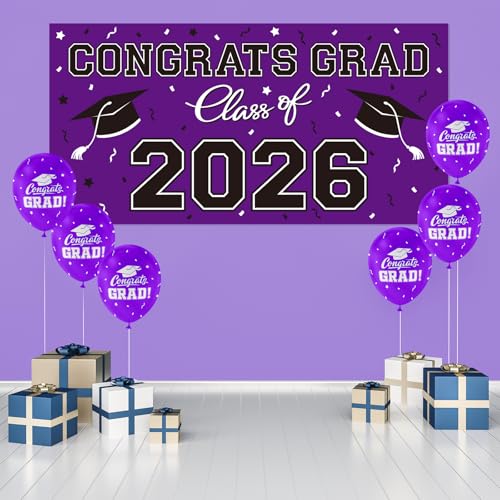 Image of 2026 Graduation Party Plastic Backdrop - 65 inch x 32.7 inch Congrats Grad Banner in Purple, Large Class of 2026 Decorations, Photography & Grad Party Supplies