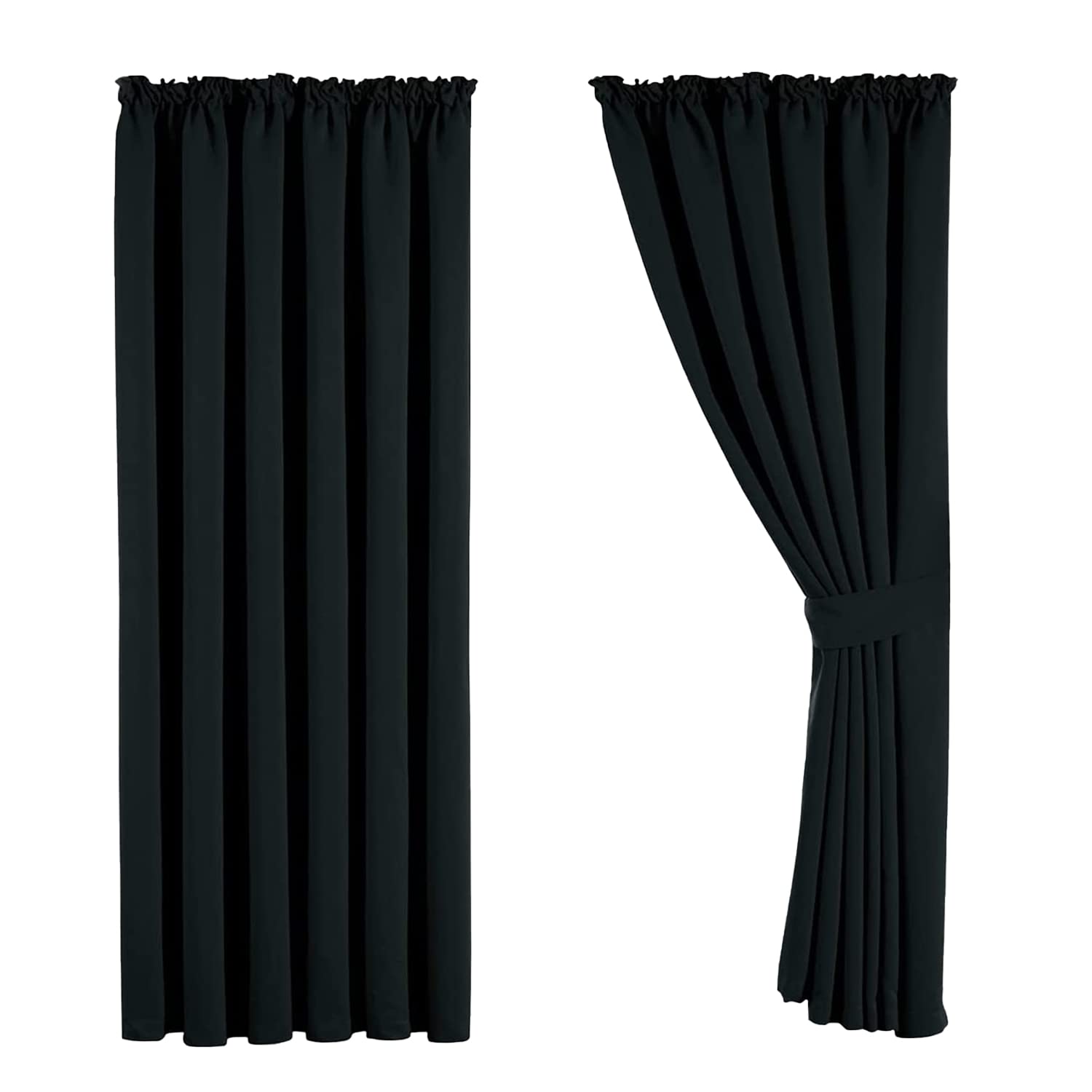 Aspire Homeware Blackout Curtains for Living Room Black Pencil Pleat Bedroom Curtains 90x90 Drop Pair of Thermal Insulated Super Soft Black Out Long Curtain with Tie Backs, 2 Panel — image 1