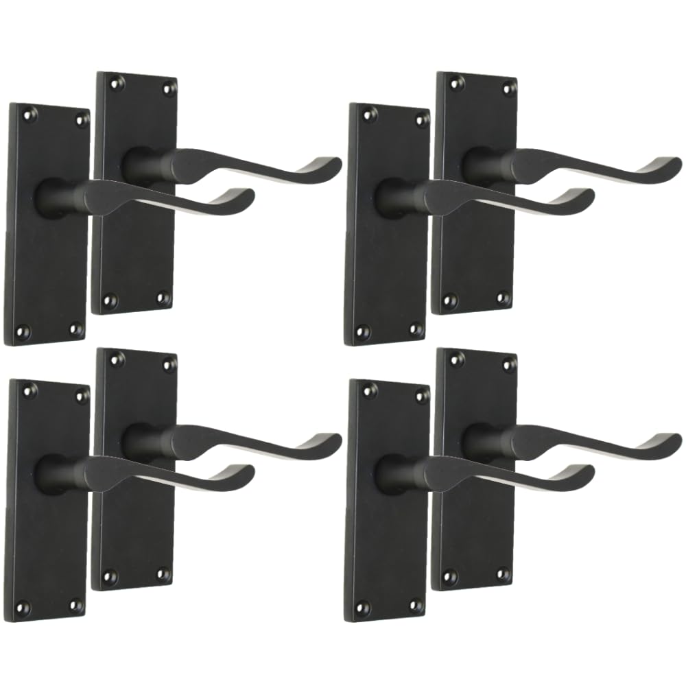 Epsom Door Handle Matt Black Scroll Door Handle Set - Victorian Style Internal and External Lever Door Handles with Backplate (4 Pair of Handles)