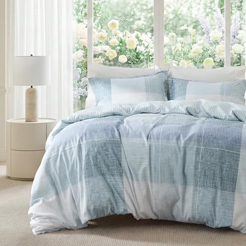 Bedsure Duvet Cover Queen Size - Gingham Reversible Buffalo Plaid Duvet Cover Set with Zipper Closure, 3 Pieces Blue Bedding Set with 8 Corner Ties and 2 Pillow Shams 20'x26'