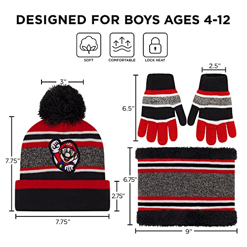 Nintendo Boys Kids Winter Hat, Scarf, And Kids Gloves , Super Mario Baby Beanie For 4-7 Cold Weather Hat, Black/Red, Years Us #TOP6