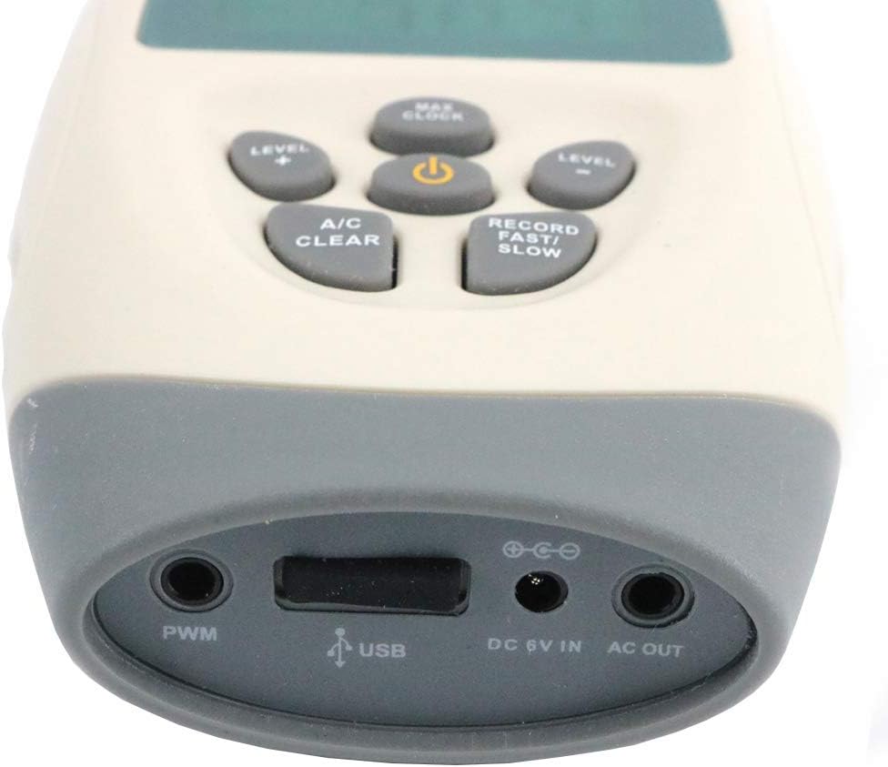 Close-up view of the bottom ports of the Smart Sensor AR844 Digital Sound Level Meter, including PWM, USB, DC 6V IN, and AC OUT.