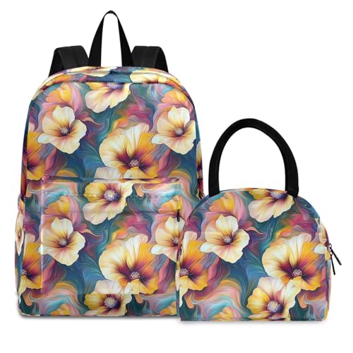 Backpack Lunch Box Set Large Capacity Travel Backpacks and Insulated Lunch Bag for Commute Hiking Picnic Aesthetic Floral Print