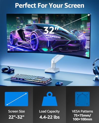 Single Monitor Mount for 32 27 24 22 inch Screen, Gas Spring Arm Holds 4.4-22 lbs, Monitor Desk Mount, Gaming & Home Office Use, VESA 75x75mm & 100x100mm, Freelift Pro White