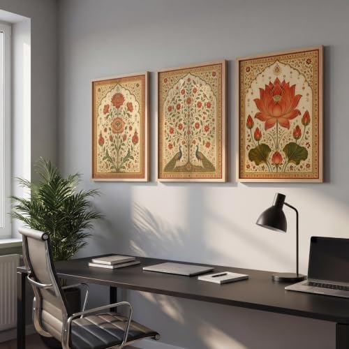 Image of NoWorries Lotus Peacock Wall Art Set of 3 Framed Prints | Indian Traditional Floral Botanical Painting, Royal Rajasthani Lotus Poster, Vintage Ethnic Wall Decor for Living Room Bedroom Home (Synthetic Engineered Wooden Frame) (Synthetic Engineered Wooden Frame) (MIN -9,17x25 inches)