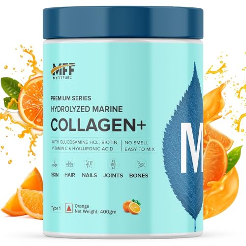 Image of MyFitFuel Hydrolyzed Beauty Marine CollagenPeptides (400gm, Orange) with Biotin, Hyaluronic Acid, Zinc, Vitamin C & Glucosamine | For Skin, Hair, Nails & Joints